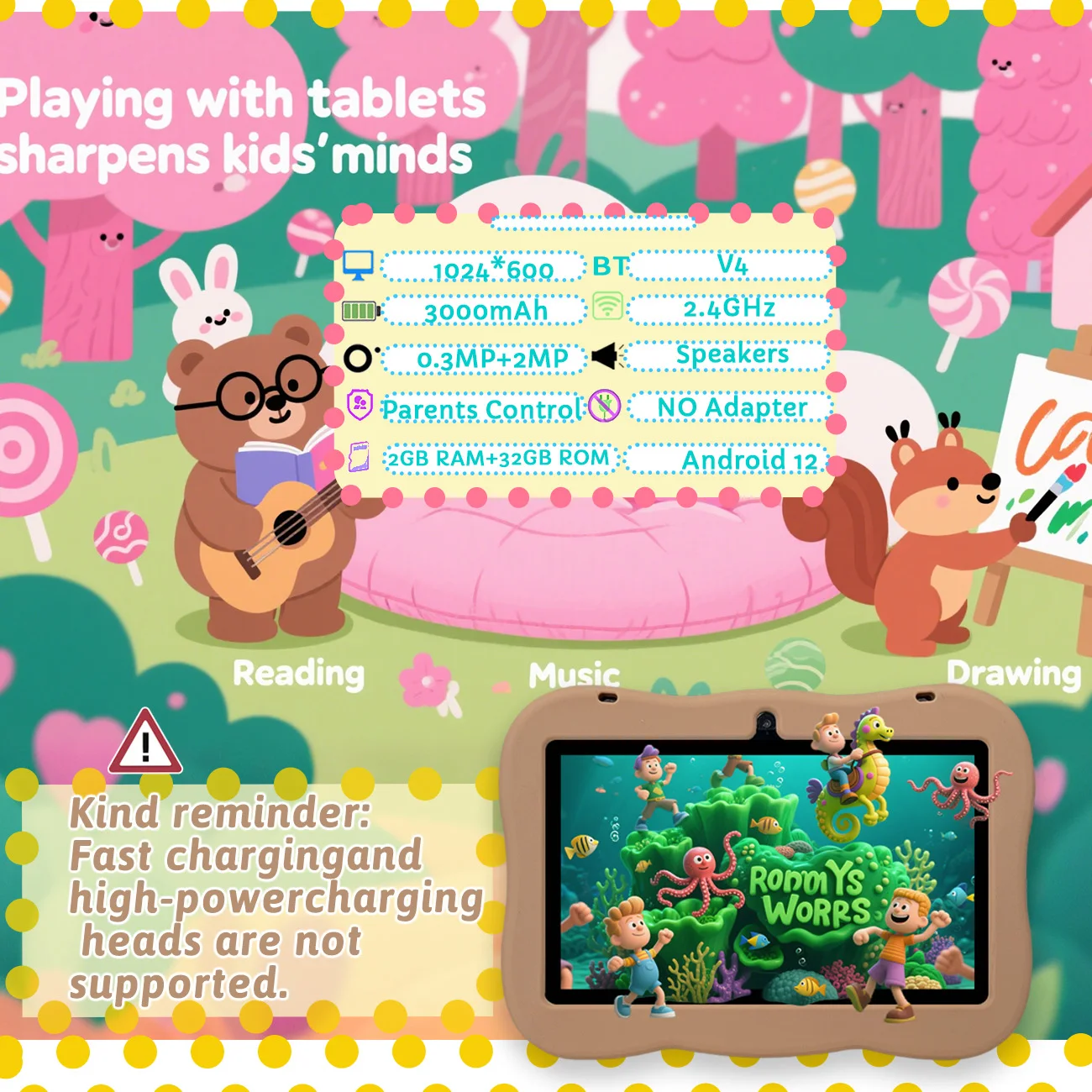 Kindertablett 7 Zoll, Kindertablett mit Elternkontrolle, zwei Kameras, Kindergeschenke für Weihnachten und Geburtstag