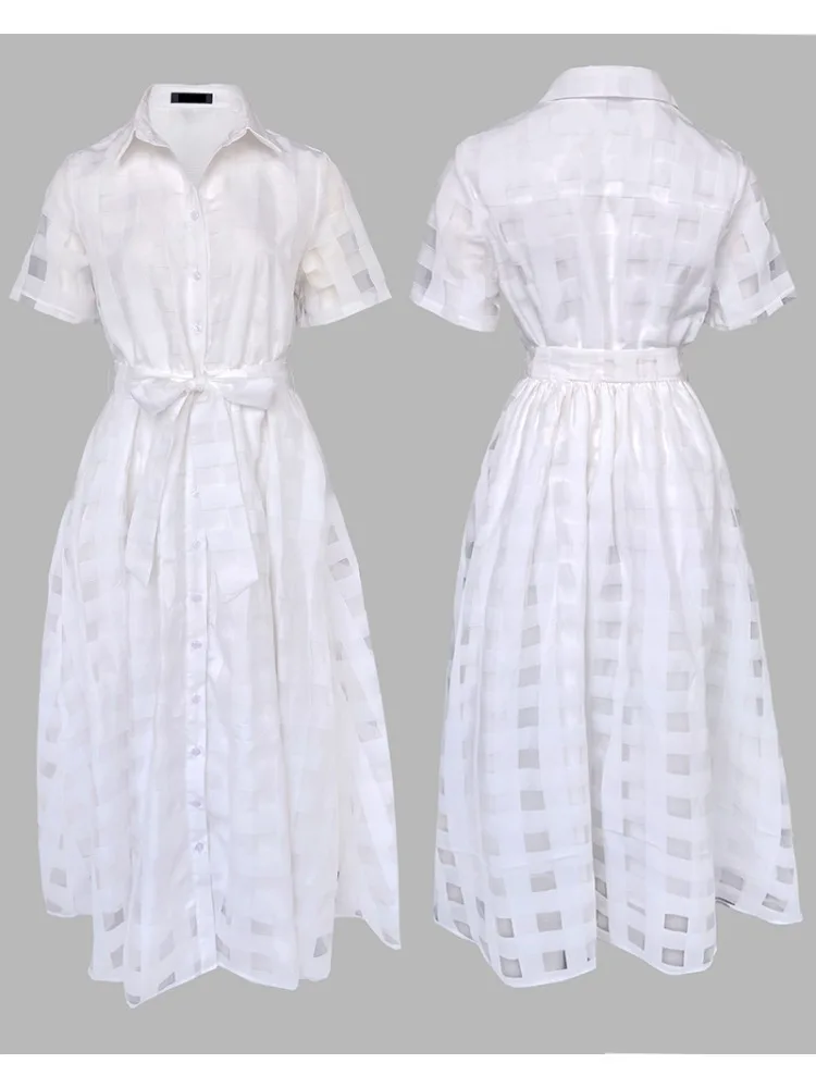 Lente Vrouwen Turn-down Kraag Plaid Mesh Dubbellaags Cinched Taille Maxi Jurk Button Down Strikje Taille Woon-werkverkeer Jurk - afbeelding 2