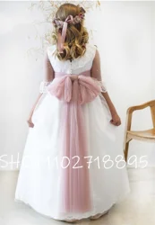 Robe de communion en tulle lisse avec ceinture de fleurs, jupe florale brodée, minidiaphragme d'invité de mariage