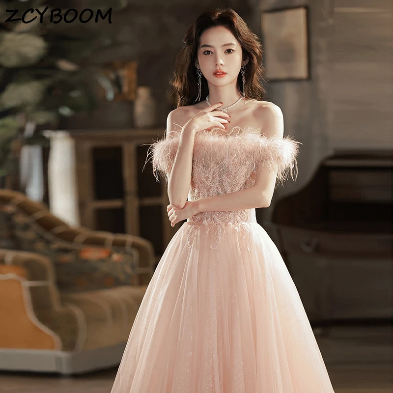 

Elegant Boat Neck Off The Shoulder Appliques Empire A-line Feathers 2024 Evening Dresses for Women Party Dresses Weding Dresses