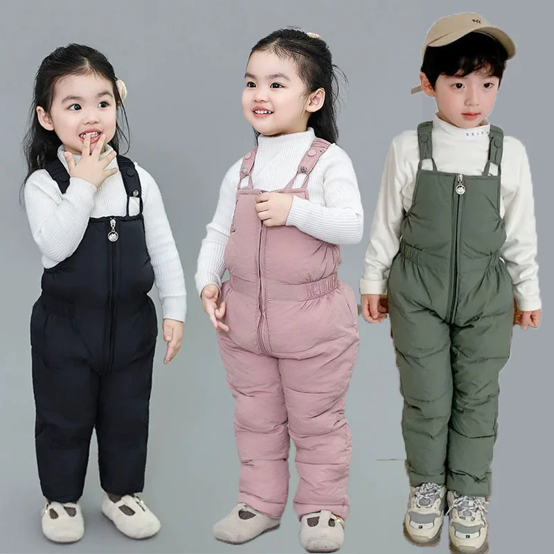 -10°C Kids Down-Filled Overalls Boys Thickened Jumpsuit Girls Warm Winter Outerwear Romper Baby Casual Cotton Pants Bodysuits