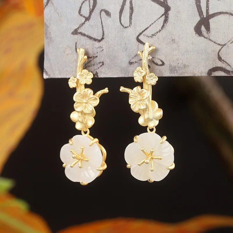 ES217 ZFSILVER 925 Silver Korean Fashion Luxury Hetian Jade Classic Flower Dangle Earrings Jewelry For Girl Women Match-all Gift