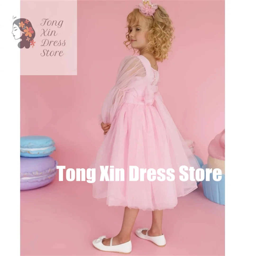 Sukienki dla dziewczynek na wesele, urodziny, bankiet, komunię, z różowego tiulu na zamówienie, z długim rękawem i kokardą na pasku.