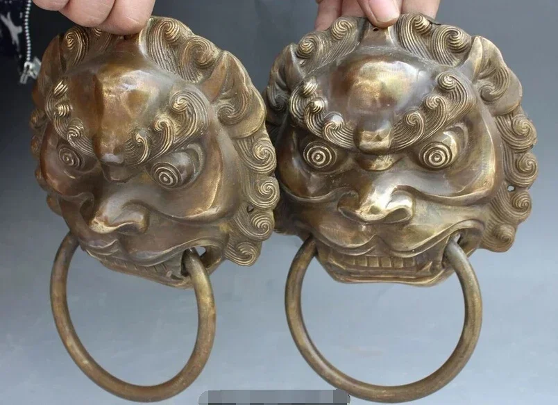 Chinese Brass Dragon Fu Foo Dog Lion Head Mask Door Knocker Pair
