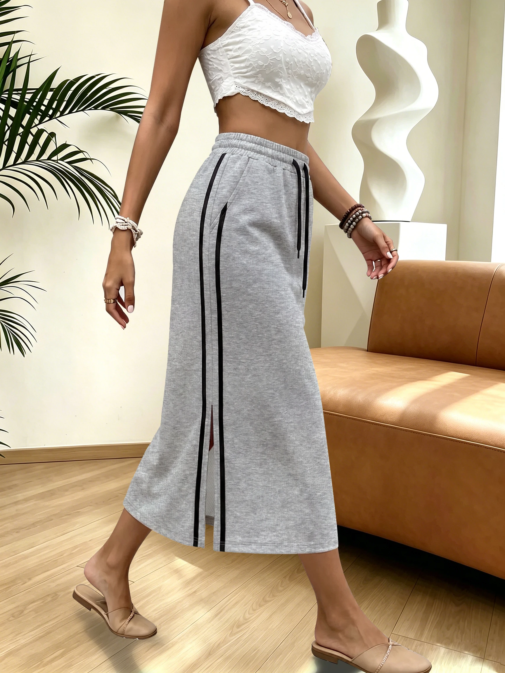 Sporty Split Hem Midi Skirt, Stripe Side Detail, Relax Athleisure Style & Coffee Dating Daily Wear