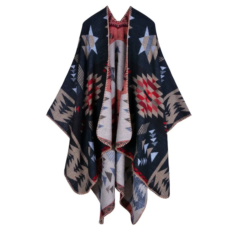 7 Colors Faux Cashmere Blanket Women Printed Stars SPlit Shawl Cape Autumn Warm Double Side Bat Type Knitted Tassel Poncho Cloak