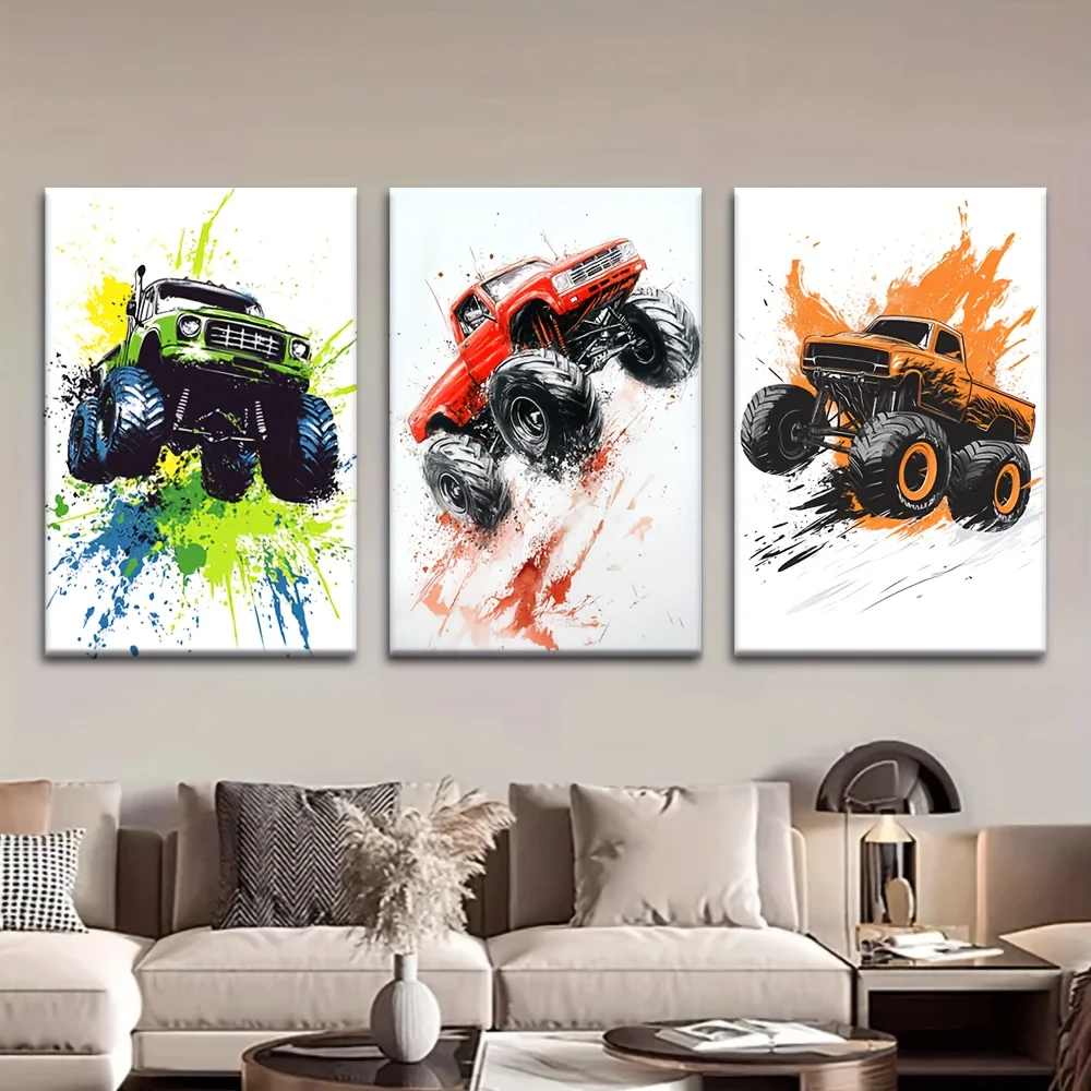 (No frame)3pcs/set, Canvas Painting--Unframed, Watercolor Monster Trucks, Posters and Prints, Living Room, Library, Office, C
