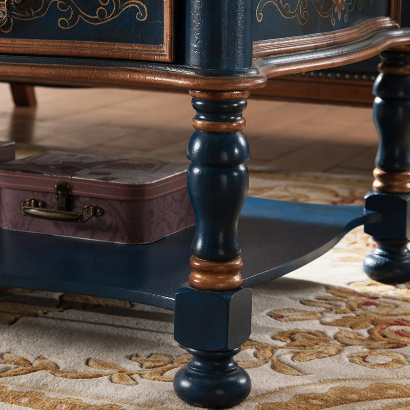 أثاث غرفة المعيشة طاولة قهوة من الخشب الصلب بطول 1.2 متر ودرج على الوجهين وطاولة قهوة زرقاء مطلية يدويًا