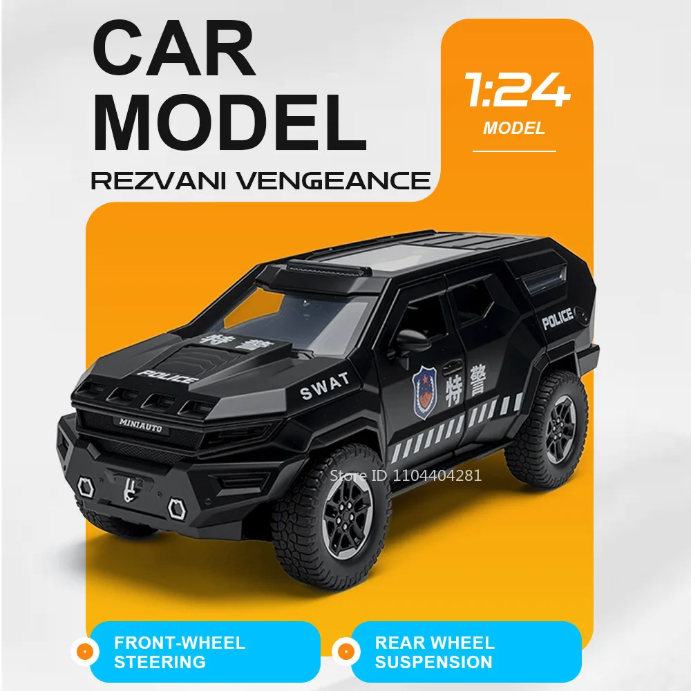 

Масштабная модель автомобиля Rezvani Vengeance 1:24, взрывозащищенная, из литого сплава, с функцией рулевого управления передними колесами, звуком и светом, откатным механизмом, коллекционная.