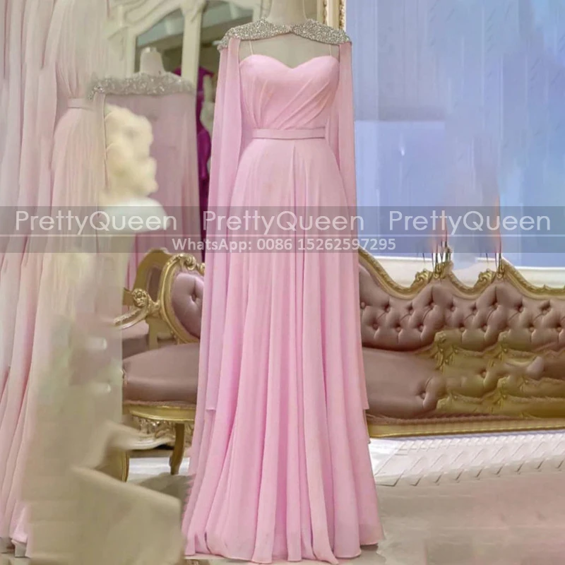 

Pink A Line Mother of the Bride Dresses Beaded Sequins Customized Long Cloak Shawl Spaghetti Straps Chiffon Party Dress
