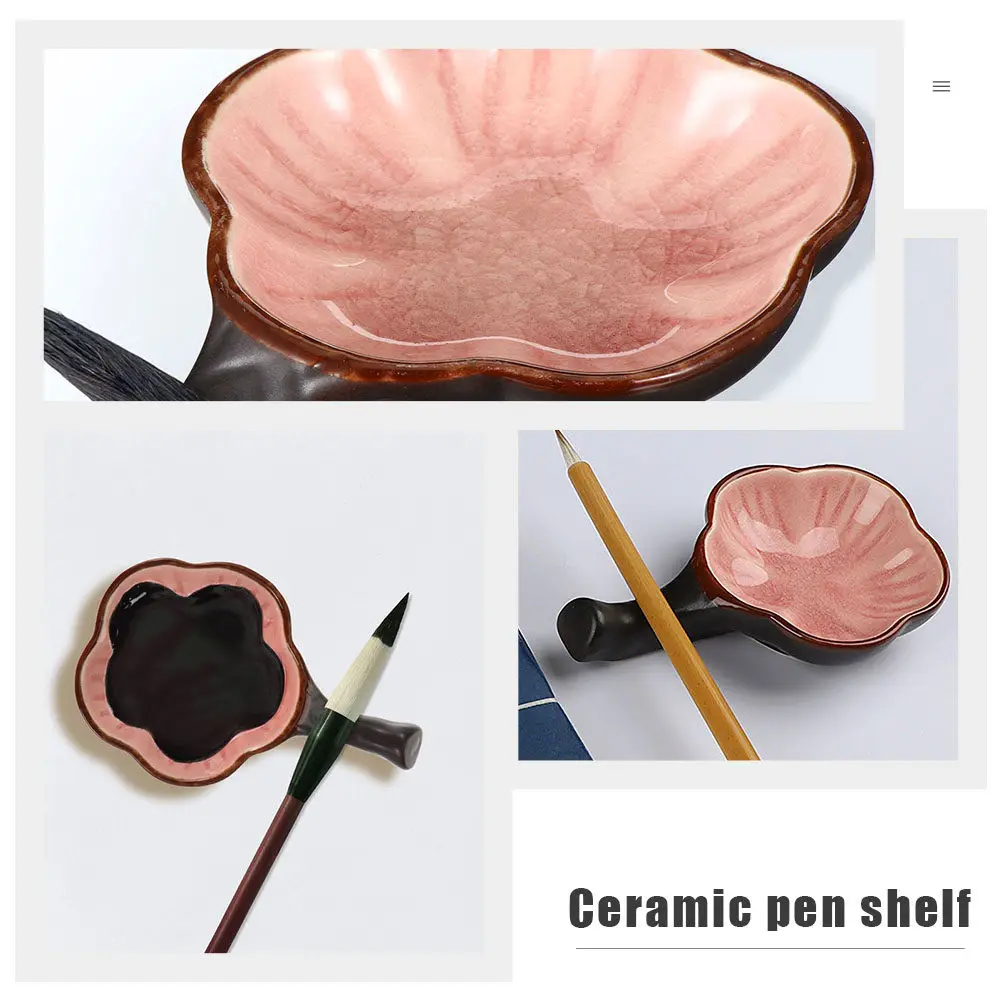 2Pcs Ceramic Ink Dish Ice Crack Glaze Flower Shaped Pen Holder Brush Rest Smooth Polished Surface Multi-Function Calligraphy