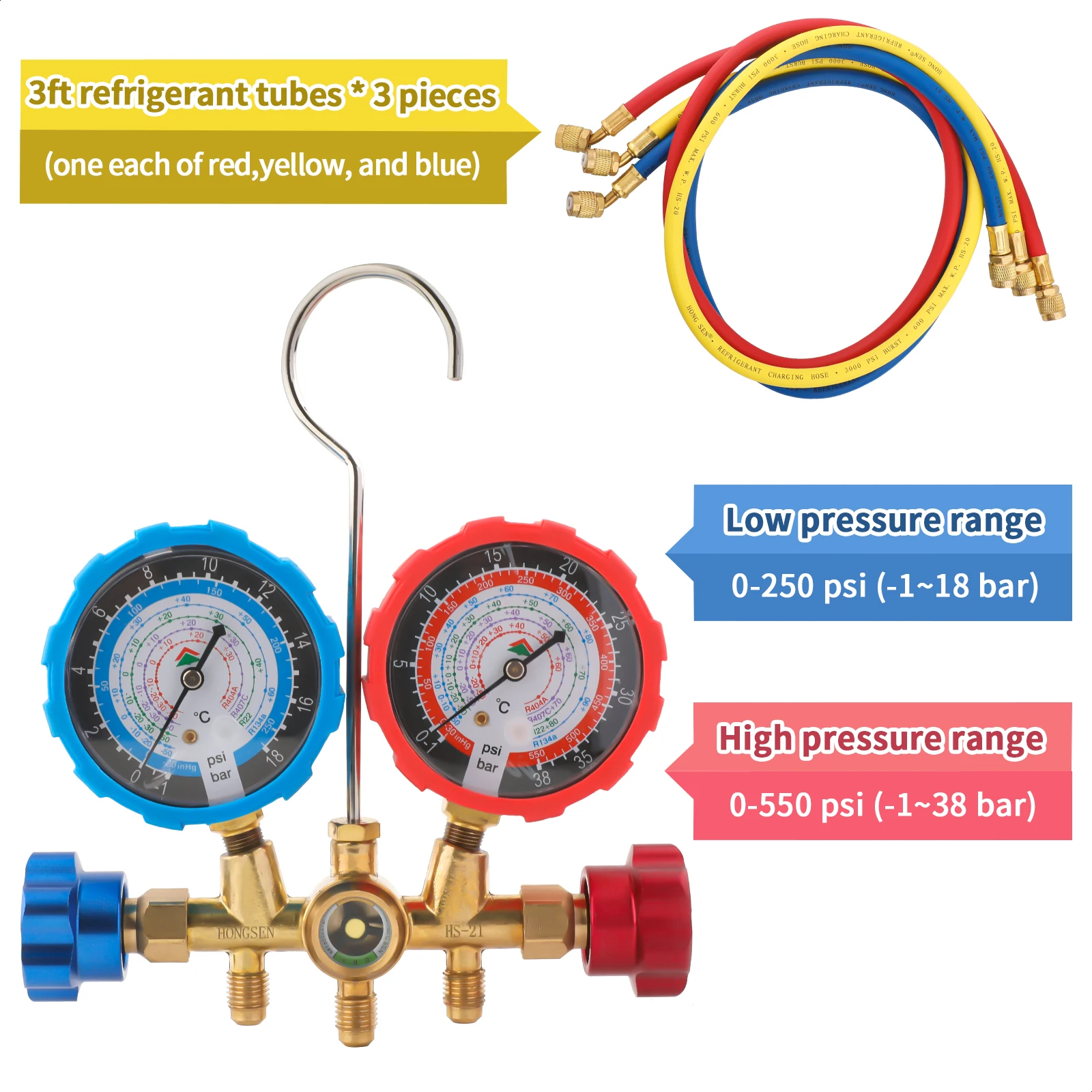 HongSen HVAC Manifold Gauge Set with Hoses HS-536C Automotive Air Conditioner Maintenance Tools Measurement of Fluorine Pressure