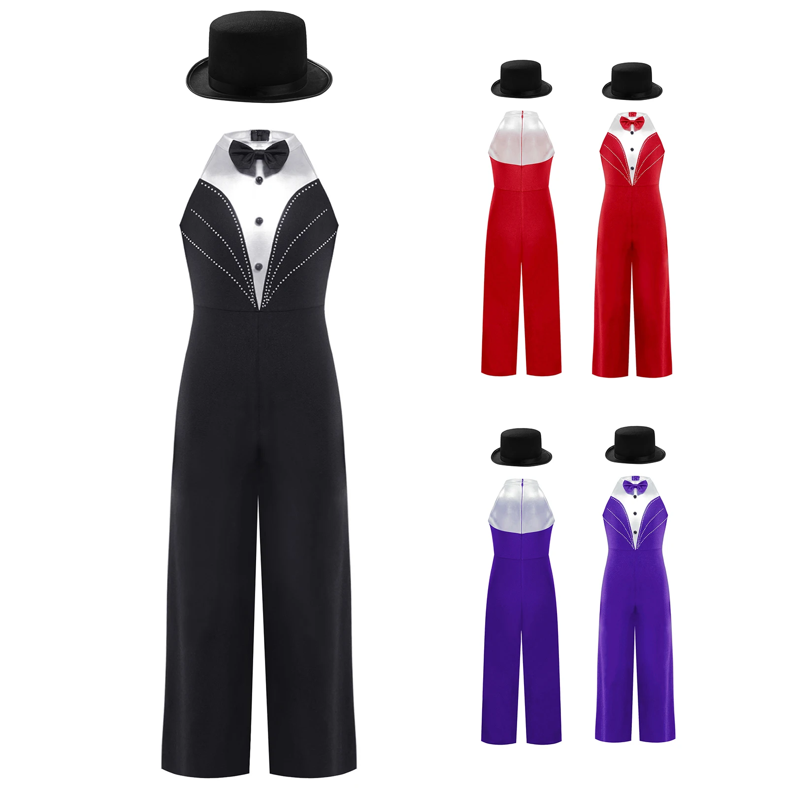 

Color Block Magician Costume Set for Kids Girls Rhinestone Bodysuit with Felt Hat for Halloween Cosplay Dress Up Performance