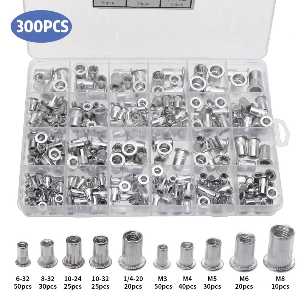 320/210/165/150/100 Pcs Aluminum Alloy Flat Head Metric Threaded Inserts Blind Rivet Nut Assortment Kit Rivnut Nutsert M3-M12