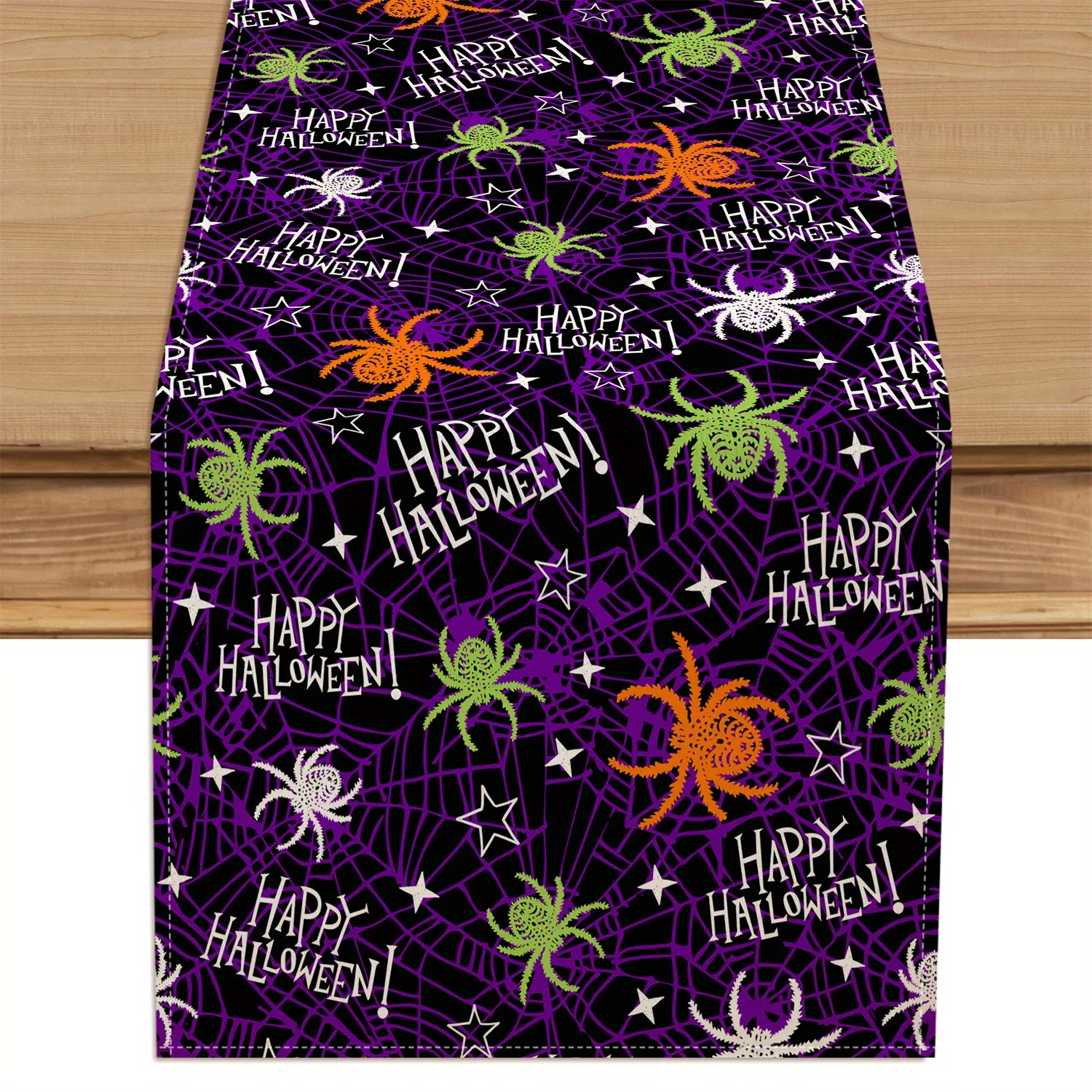1pc Halloween Happy Spider Web Spider Stars Table Runner - Polyester, Rectangular, Indoor/Outdoor Holiday Party Decoration for