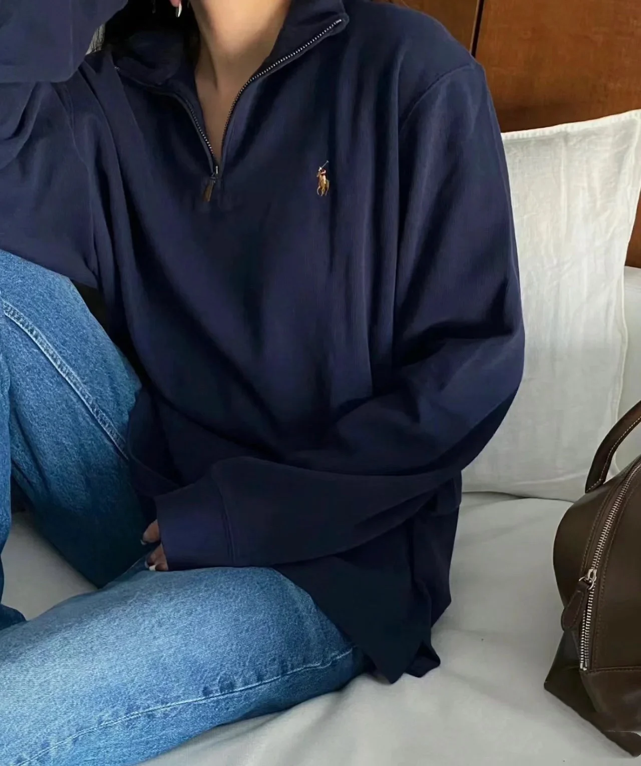 رالف لورين 2024 خريف/شتاء جديد منتصف الطراز القديم نصف سحاب ياقة أمريكية فضفاضة رداء علوي غير رسمي للرجال والنساء ، #4