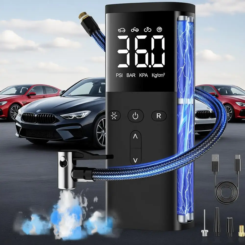

Portable Air Compressor for Car Tires, 150PSI Electric Bike Tire Pump with LED Light & Digital Gauge for Motorcycle, Cycle, Auto