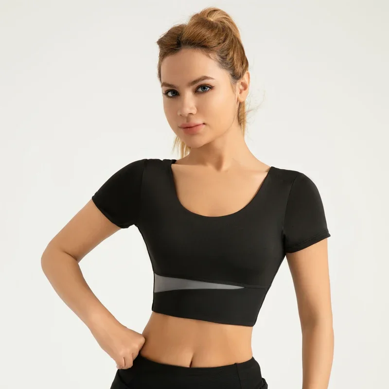 

Women Yoga Sport T-shirts Short Sleeve Colorblock Crop Tops High Elastic Breathable Running Gym Fitness Train Workout Clothing