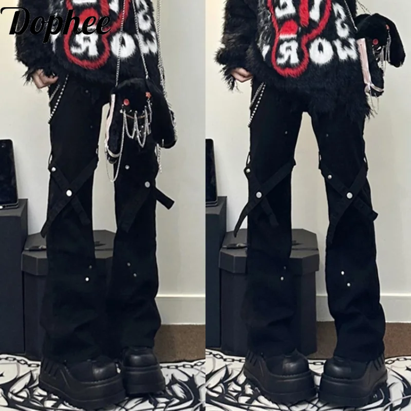 

Dophee Subculture Y2k American Bandage Cargo Denim Pants Women Spring Summer Spice Girls Rivet Flare Jeans Black Long Trousers