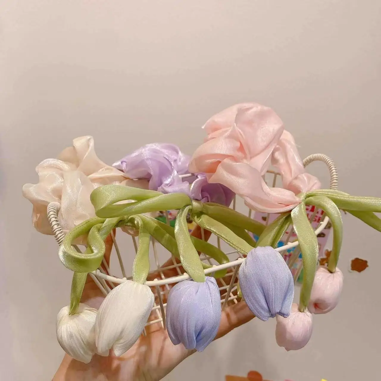 

rubber band FloralScrunchies Tulip - InspiredHairTies SatinSilkMaterial PurpleBeigeColorOptions GreenRibbonAccent HandmadeFlower