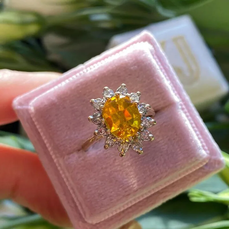 

NEW Classic Topaz Princess Shaped Flowers Full of Diamonds Couple Ring For Women Yellow Silver-Plated Engagement Gift Jewelry