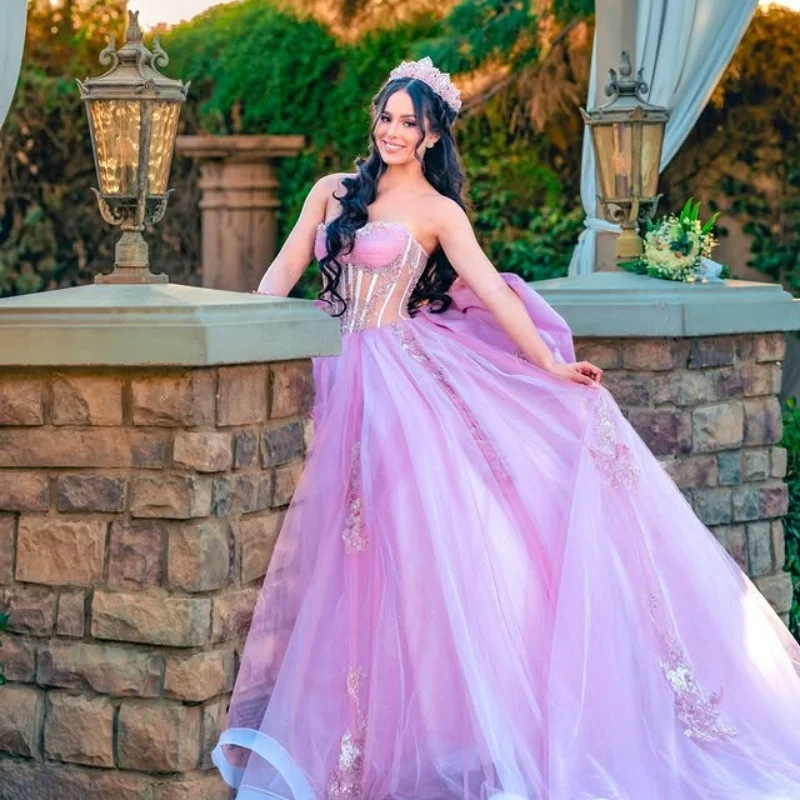 Розовые платья Quinceanera по индивидуальному заказу с открытыми плечами, сексуальная аппликация, многослойное кристаллами, тюлевое платье с большим бантом, Vestido De 15, Quinceanera