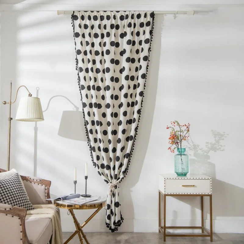 Nordic Simple Black Polka Dot Cotton Linen Curtain Home Punch-free Semi-blackout Curtain Floating Window Drapes in Living Room