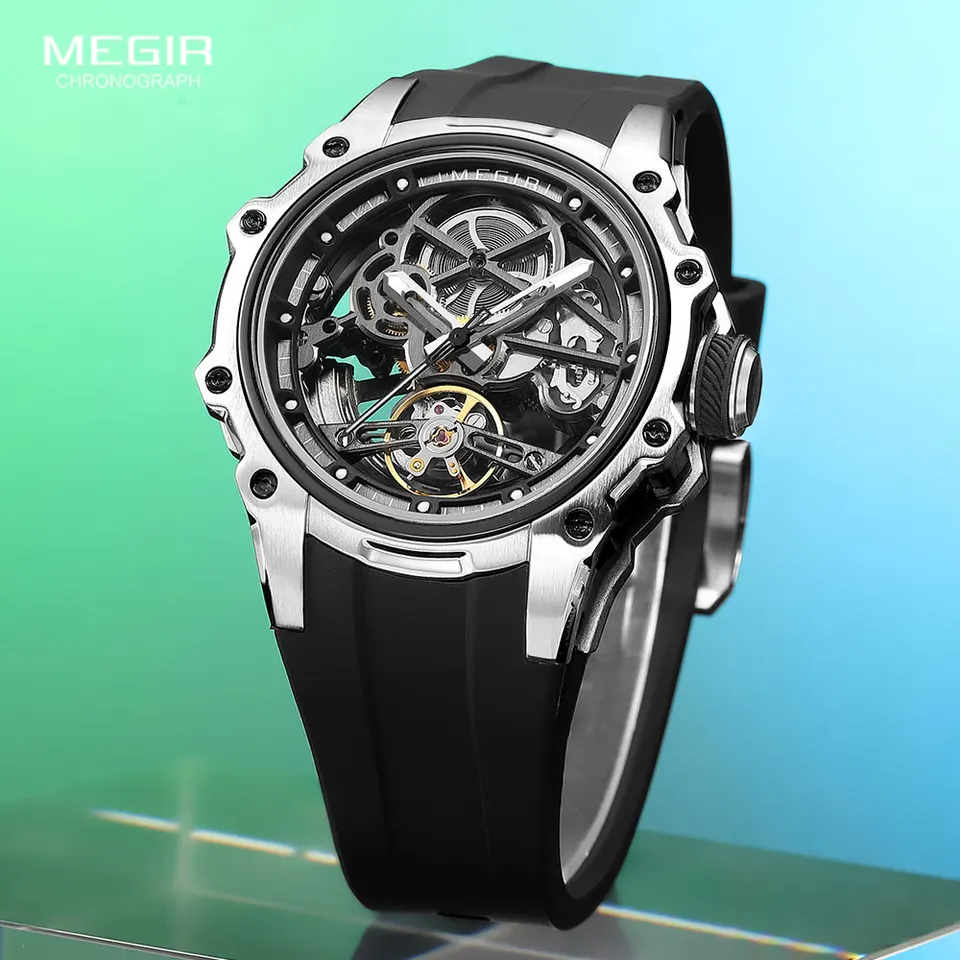 MEGIR スケルトンダイヤル自動機械式時計男性用ファッションステンレス