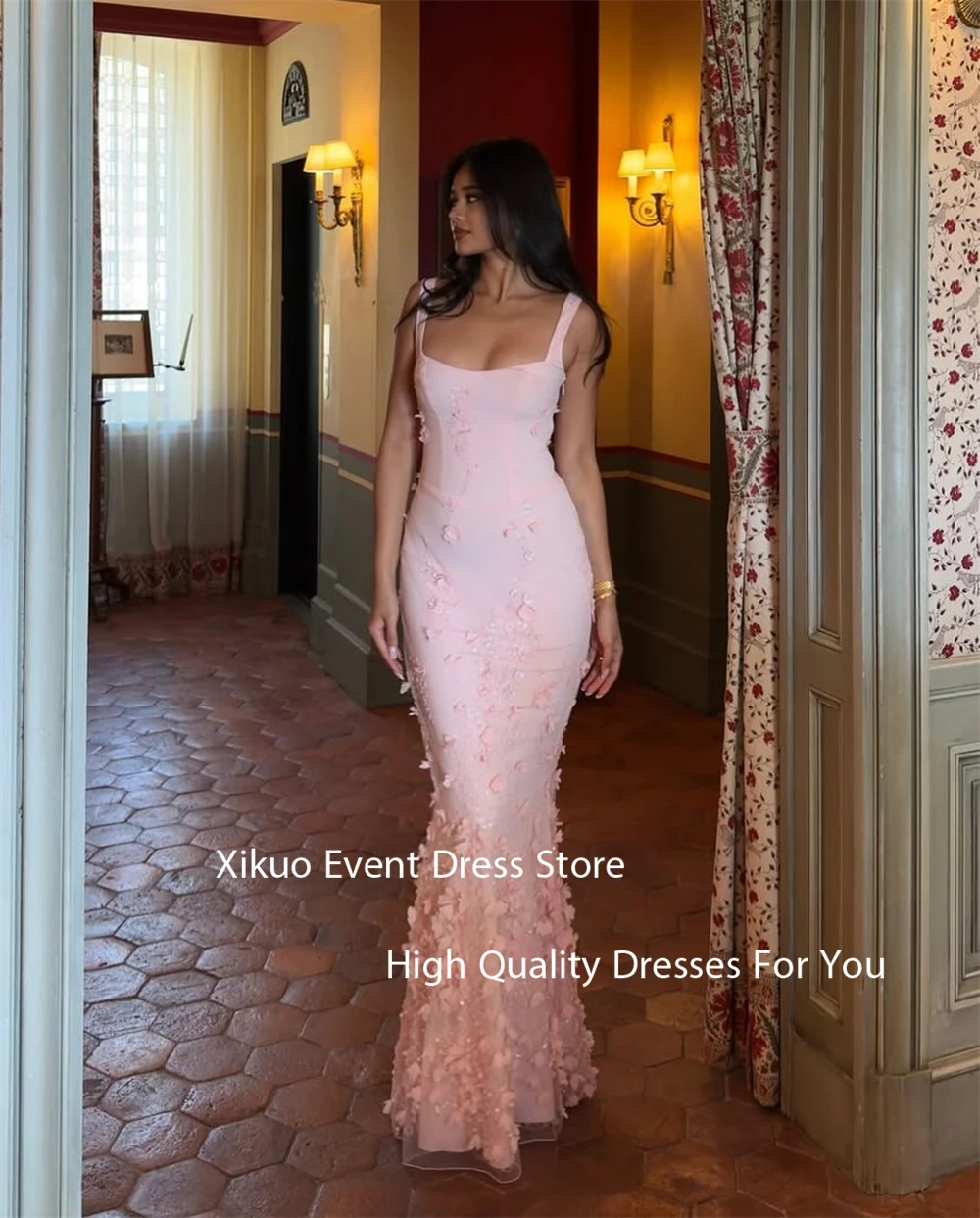 Xikuo Fairy Pink Satin Evening Gowns Long Mermaid Robe Cocktail Femmes 3D Flowers Spaghetti Strap Party Prom Dresses Customized