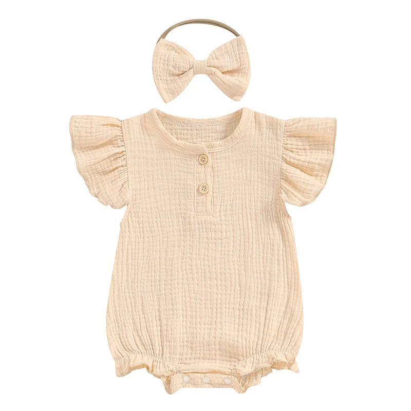 

Baby Girls Rompers Solid Color Buttons Fly Sleeve Round Neck Infant Bodysuits Summer Clothes with Headband