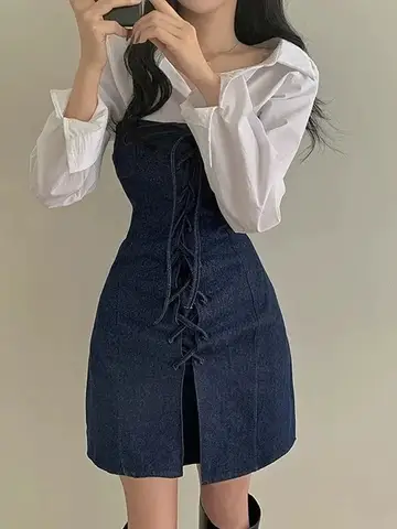Dongda Gate New Style MO Chest Design Slim Fit Bodycon Denim Short Dress Women High Waist Cotton Polyester Spandex Blend Autu...