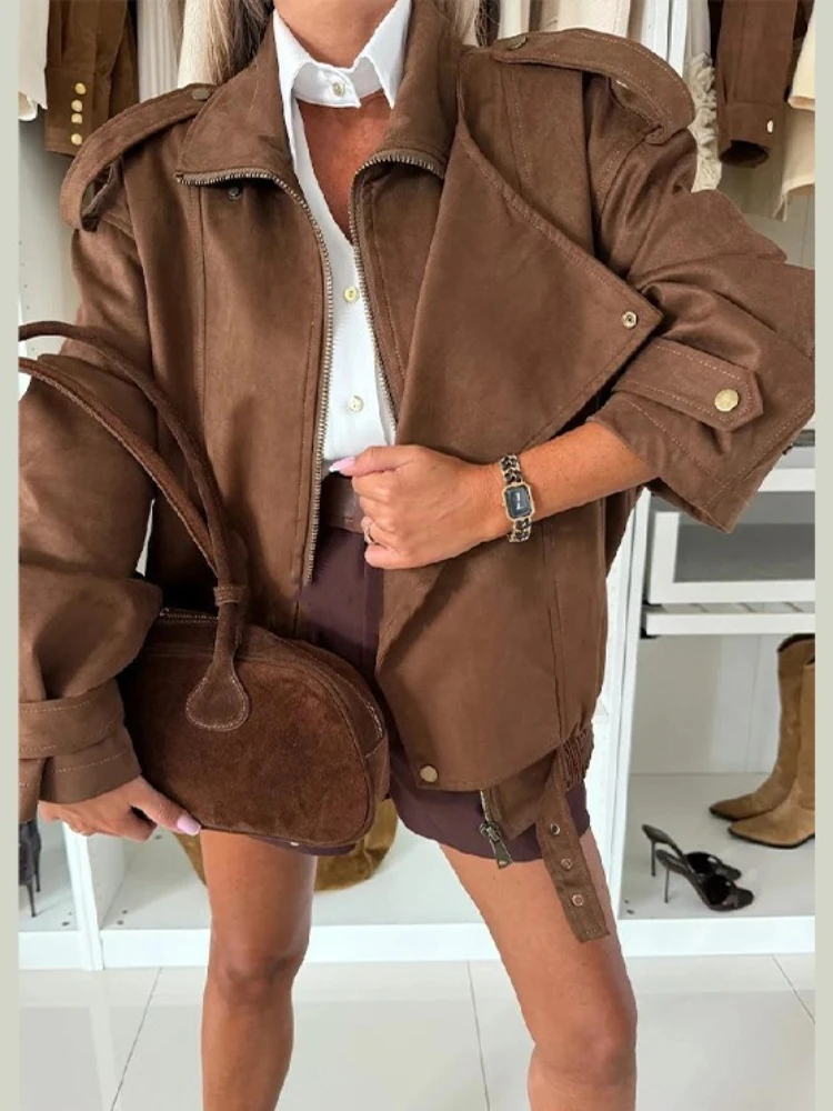 Tossy Vintage Zipper Lapel Short Jacket Coat Loose Fashion Long Sleeve Commute Solid Outwear Autumn New Women's Jackets Coat