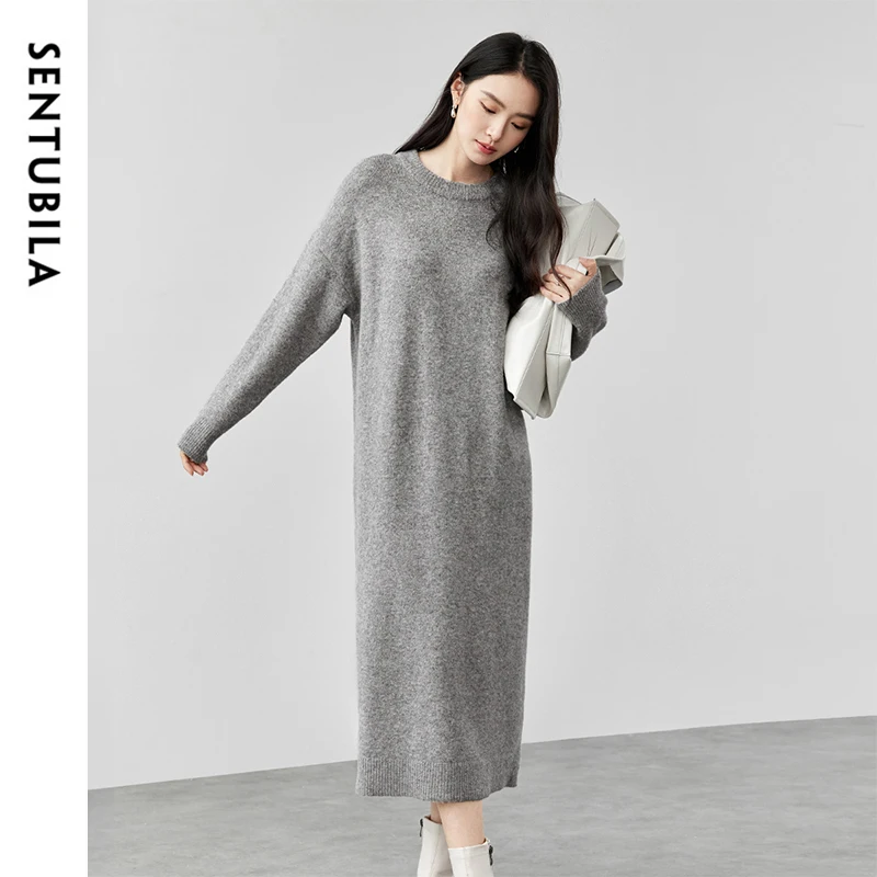 SENTUBILA Wool Knitted Dress for Women 2024 Winter Casual Simple Loose Fit O Neck Drop Sleeve Comfort Long Dress W44L57649