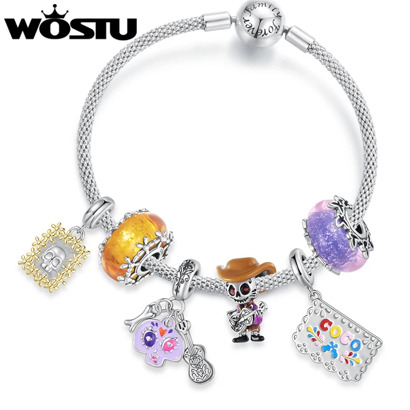WOSTU colección mexicana del Día de los muertos colgante de plata de ley 925 con forma de calavera y bandera Punk joyería de cuentas de Murano familia mexicana regalo DIY