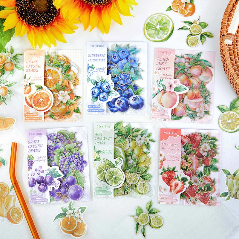 عبوة ملصقات فواكه مكونة من 20 قطعة، أنماط التوت العصير والفواكه (التوت والأزرق والخوخ والعنب) لتزيين المجلات وسجل القصاصات #1