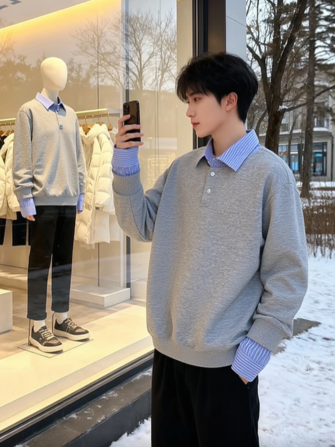 

Светло-серый мужской худи с воротником-рубашкой, с длинным рукавом, базовый слой, осенне-зимняя коллекция, в корейском университетском стиле, создающая атмосферу уюта и комфорта.