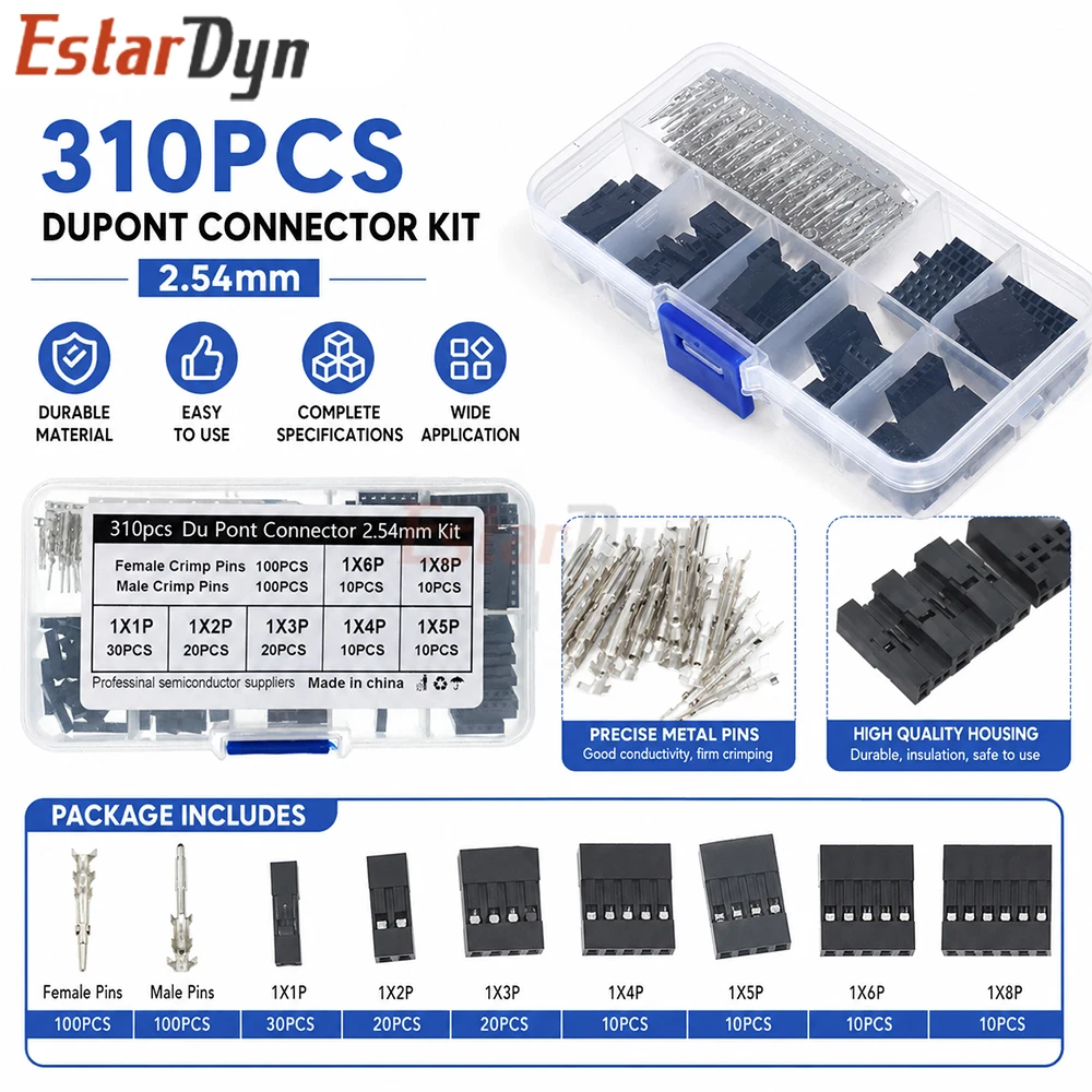 

Estardyn 310Pcs 2.54mm Dupont Jumper Wire Connector Male Female Pin Header Housing 1/2/3/4/5/6/8P Electronic DIY Kit