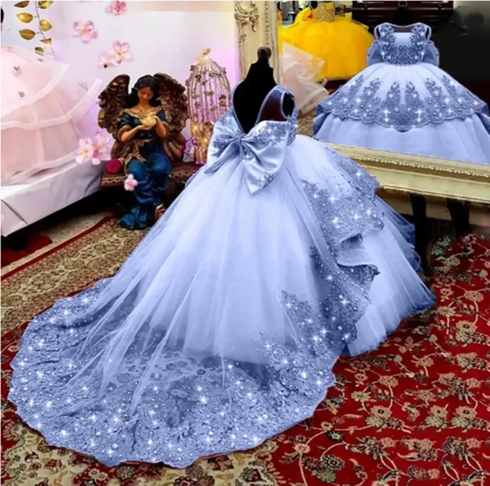 فستان فتاة الزهور مخصص لحمالات الزفاف مع فيونكة من الساتان لحفلات أعياد الميلاد الأولى للأطفال #1