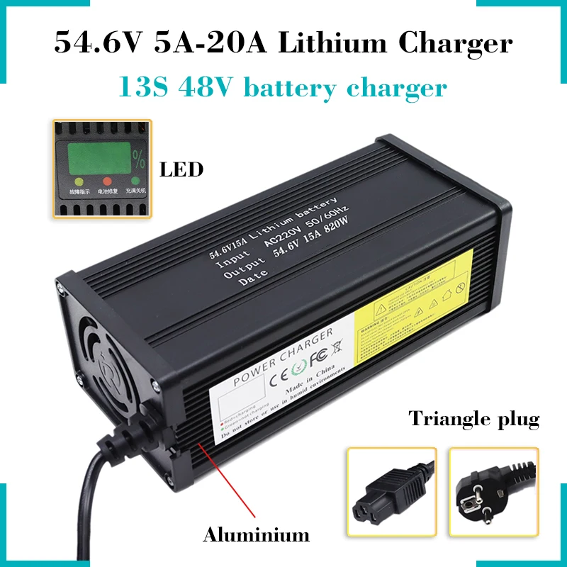 New 54.6V 5A/8A/10A/12A/15A/20A Lithium Battery Charger LED For 13S 48V 20A 30A 50A 80A Battery Pack Fast Charger Aluminum Shell