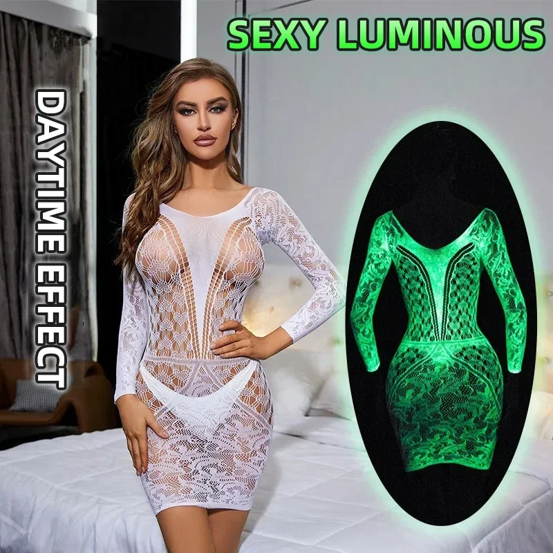 Lencería Sexy luminosa para mujer, Body porno, ropa interior sin entrepierna, picardías de rejilla, eróticos disfraces, novedad