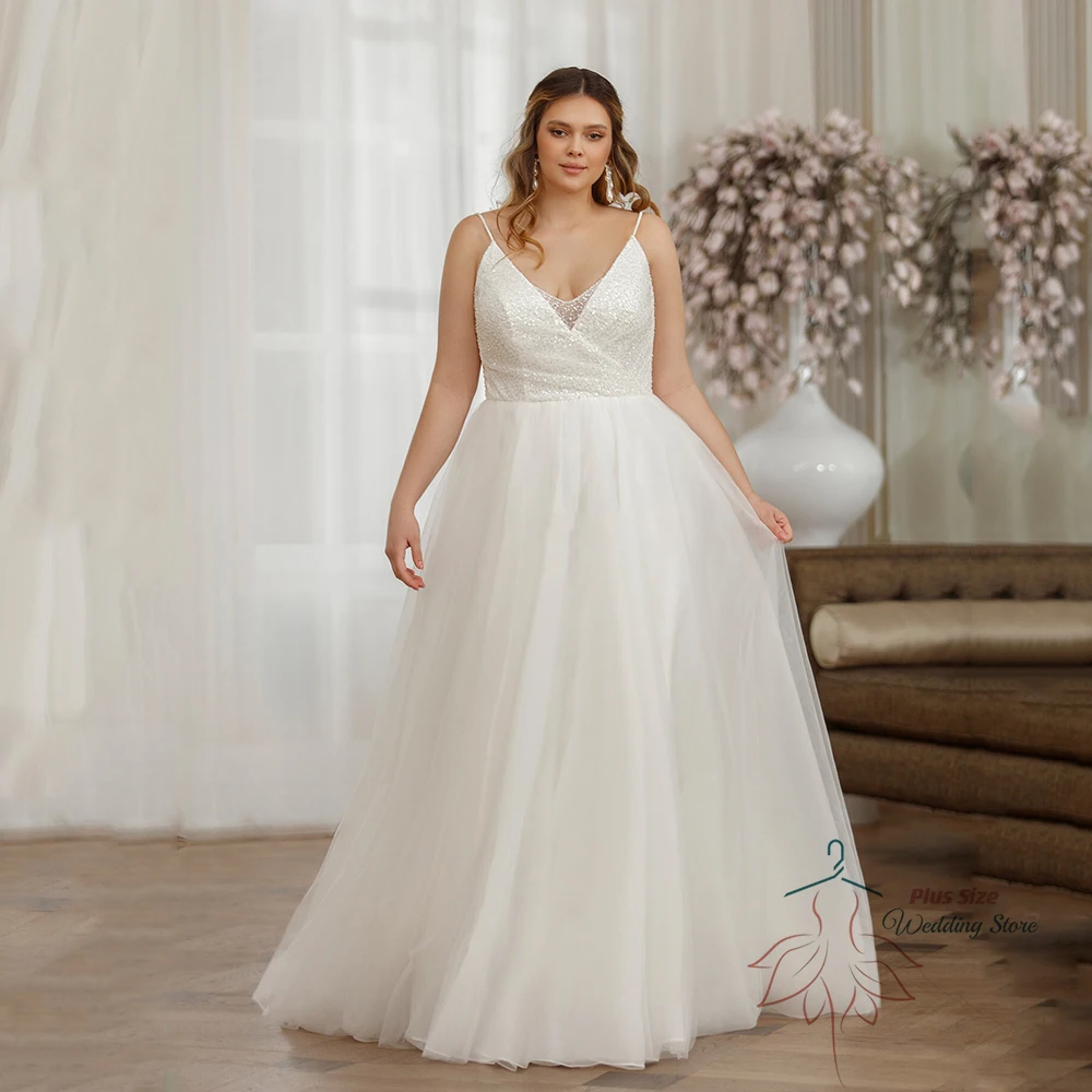 Abiti da sposa moderni Plus Size 2023 scollo a v senza spalline abiti da sposa con paillettes a-line Sweep Train Robe De Mariée