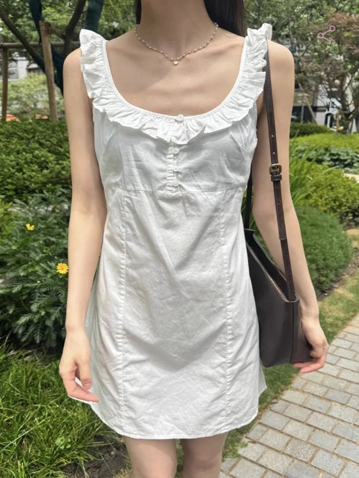 

Back Lace-up Sweet Mini Dress Woman Summer Buttons Ruffled Neck Sleeveless Short Vestidos luxury Sweet Preppy Style Dresses Y2k