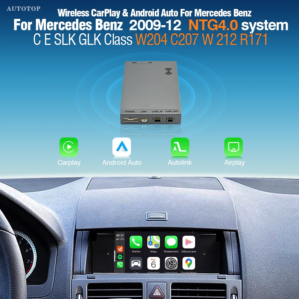 AUTOTOP CarPlay sans fil et Android Auto pour Mercedes Benz NTG 4.0 C E GLK SLK 2008 2012, AirPlay, navigation GPS, prise en charge de la caméra de recul