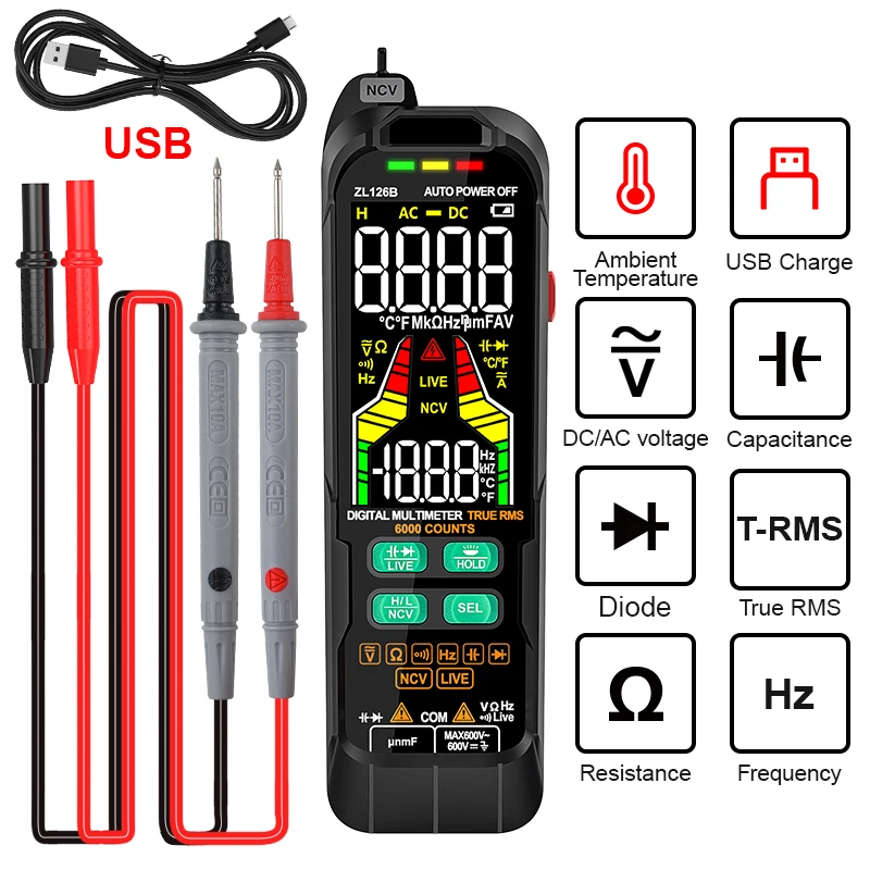USB มัลติมิเตอร์แบบดิจิทัลสมาร์ทสีจอแสดงผล True RMS 】เครื่อง AC DC Tester Diode Capacitance ความถี่