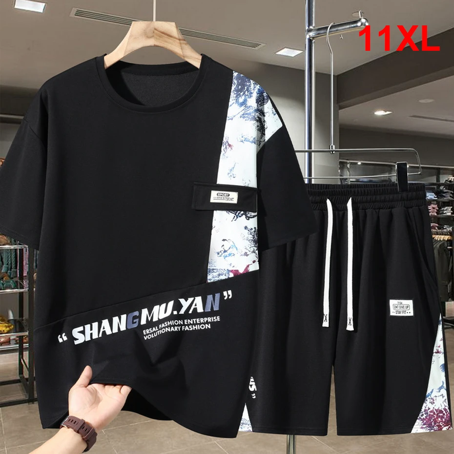 

Men's Sets Summer Vintage Patchwork Suits 10XL 11XL Plus Size Summer T-shirt Shorts Male Big Size Suits