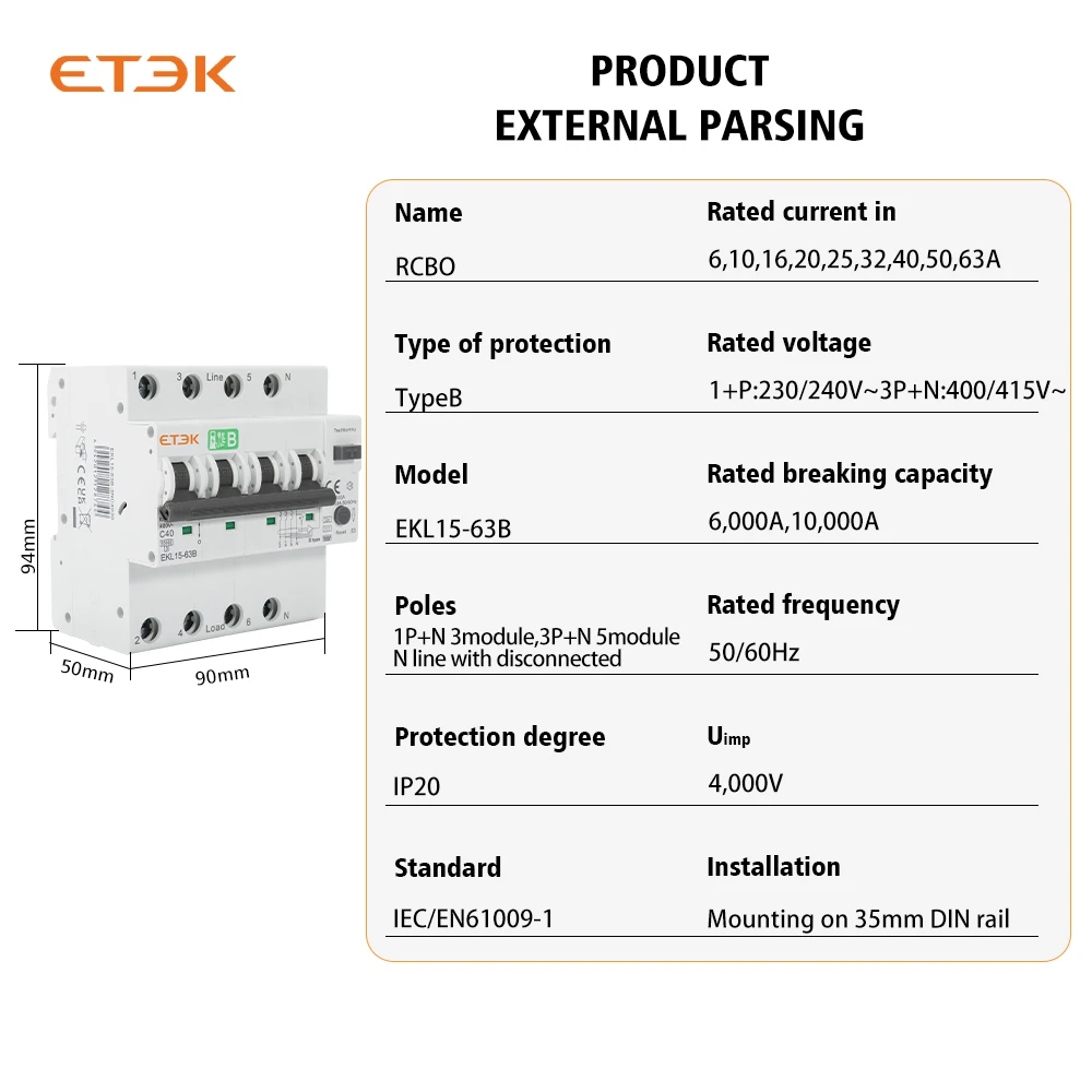 Interruttore magnetotermico ETEK tipo B protezione da sovracorrente e perdite 30mA bassa tensione RCD 2P 4P 40A RCBO EKL15