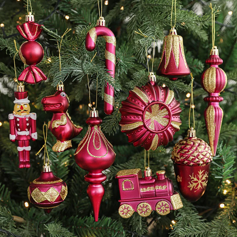 Rose Red Christmas Tree Supplies Candy Canes Nutcracker Gift Box Bells Shape Pendant for Xmas Decor 2025 Home New Year Decors