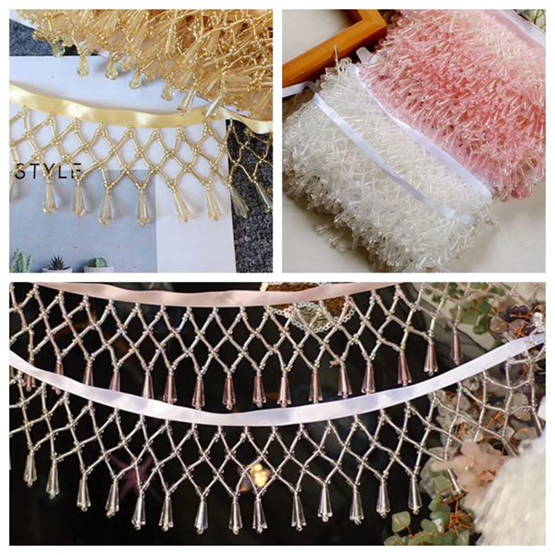 90cm Tassel Fringe Trim Crystal Beaded Lace Trim Embroidery Lace Fabric DIY Curtain Dress Sewing Garment Headdress Materials