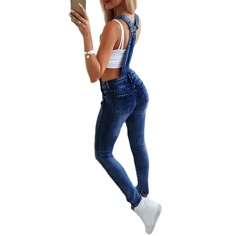 2024 Women\'s Fashion Pocket Decor Ripped Denim Bib Casual Overalls One Piece Skinny Leg Distressed Jeans Jumpsuits Autumn Wear