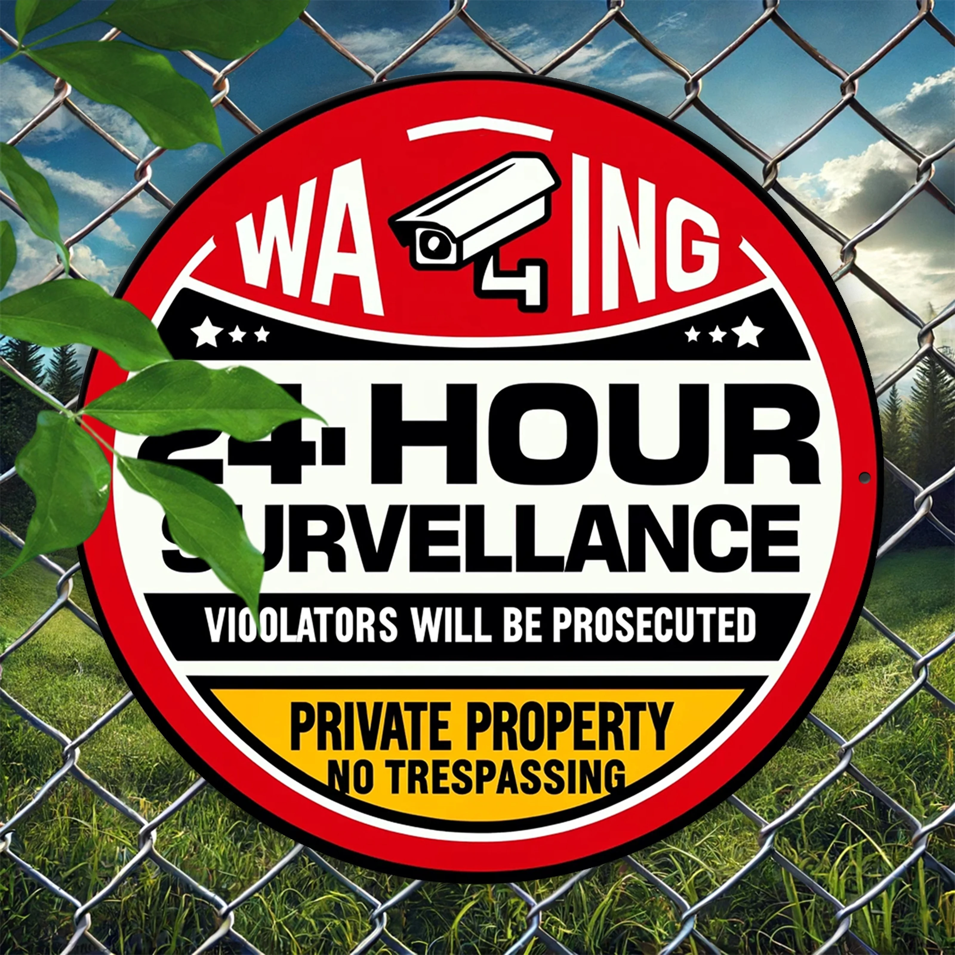 1-Pack Round Aluminum Warning Sign - 24-Hour Surveillance, Violators Will Be Prosecuted - Private Property  Vintage Wall Decor